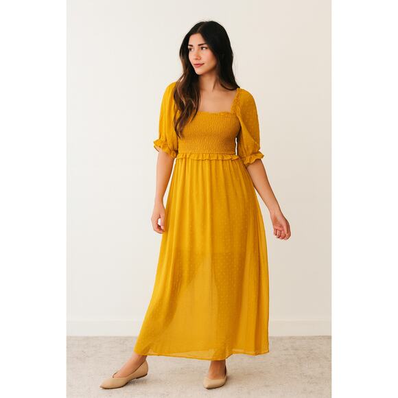 Anthropologie Ruffle Smocked Maxi Dress Size S Dark Yellow Cottage Prairie Boho - Picture 1 of 16
